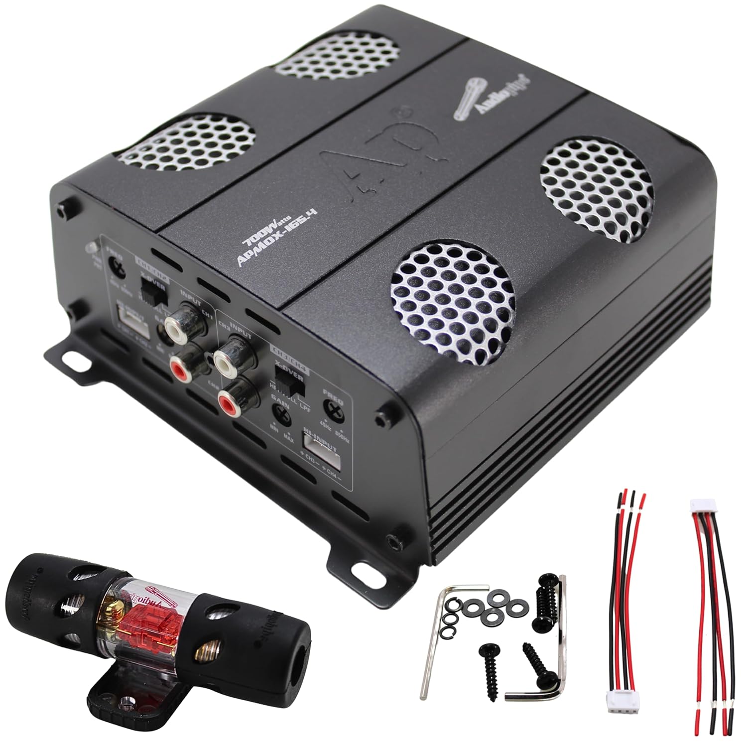 Audiopipe 165 Watts Full Range Class D Mini Amplifier (APMOX-165.4), 4 Channel, Compact, Mosfet Circuitry, Cooling Fan, Remote Bass Knob, for Car, Motorcycle, Golf Cart, Off-Road Vehicles