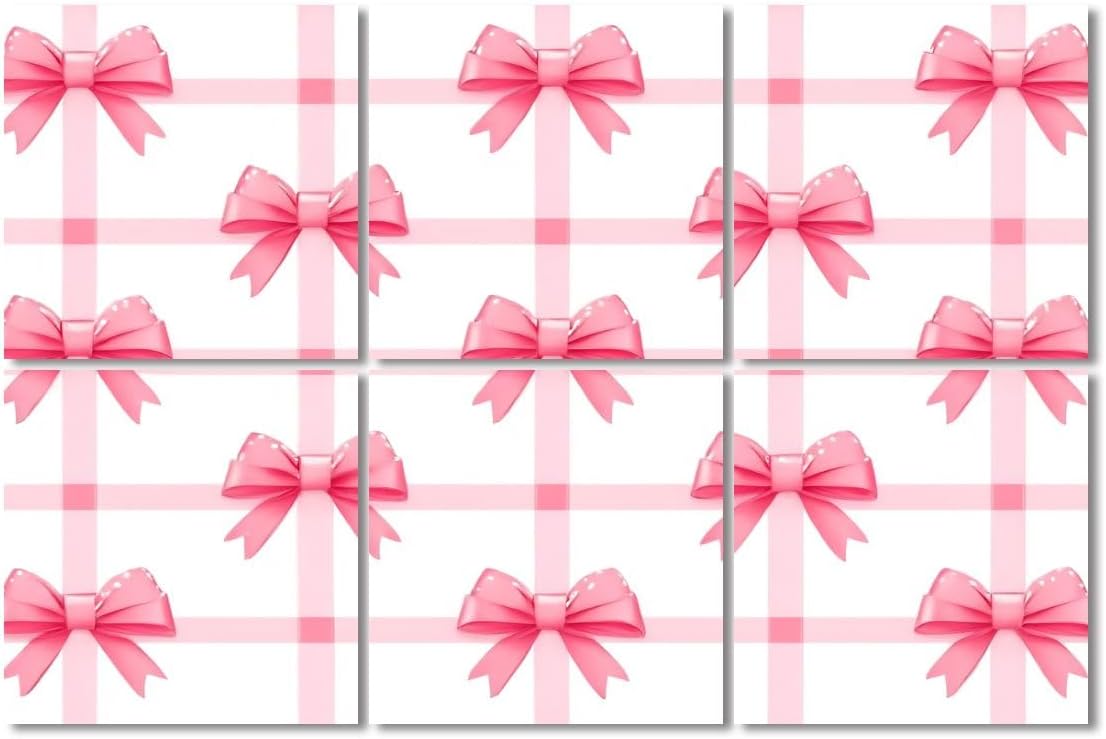6 Pack Art Acoustic Panels Sound Absorbing Pink Bow Ribbons Coquette Trendy Feminine Ballet Girly Grid Pattern Decorative Soundproof Wall Panels Self Adhesive for Recording Studios Office 72