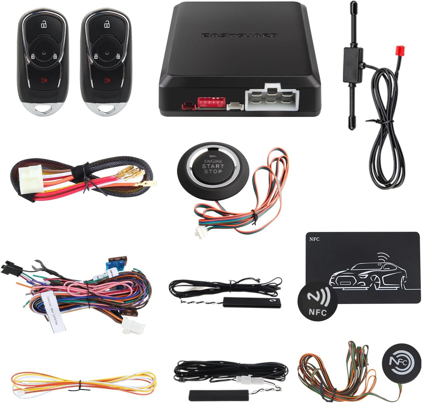 EASYGUARD EC002-bu Intelligent RFID PKE Car Security Alarm System Auto Start keyless Entry Push Button Start & Touch Password Entry Passive Locking Unlocking Rolling Code FSK Technology