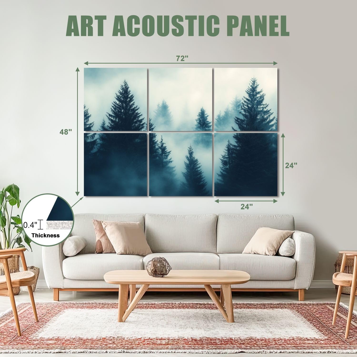 6 Pack Art Acoustic Panels Sound Absorbing Misty Forest Pine Trees Fog Dense Atmosphere Natural Landscape Decorative Soundproof Wall Panels Self Adhesive for Recording Studios Office 72