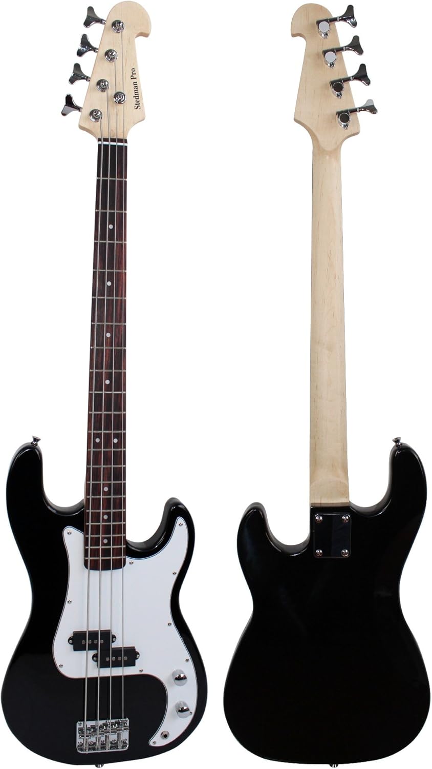 Stedman Beginner Series Bass Guitar Bundle with 15-Watt Amp, Gig Bag, Instrument Cable, Strap, Strings, Picks, and Polishing Cloth - Black