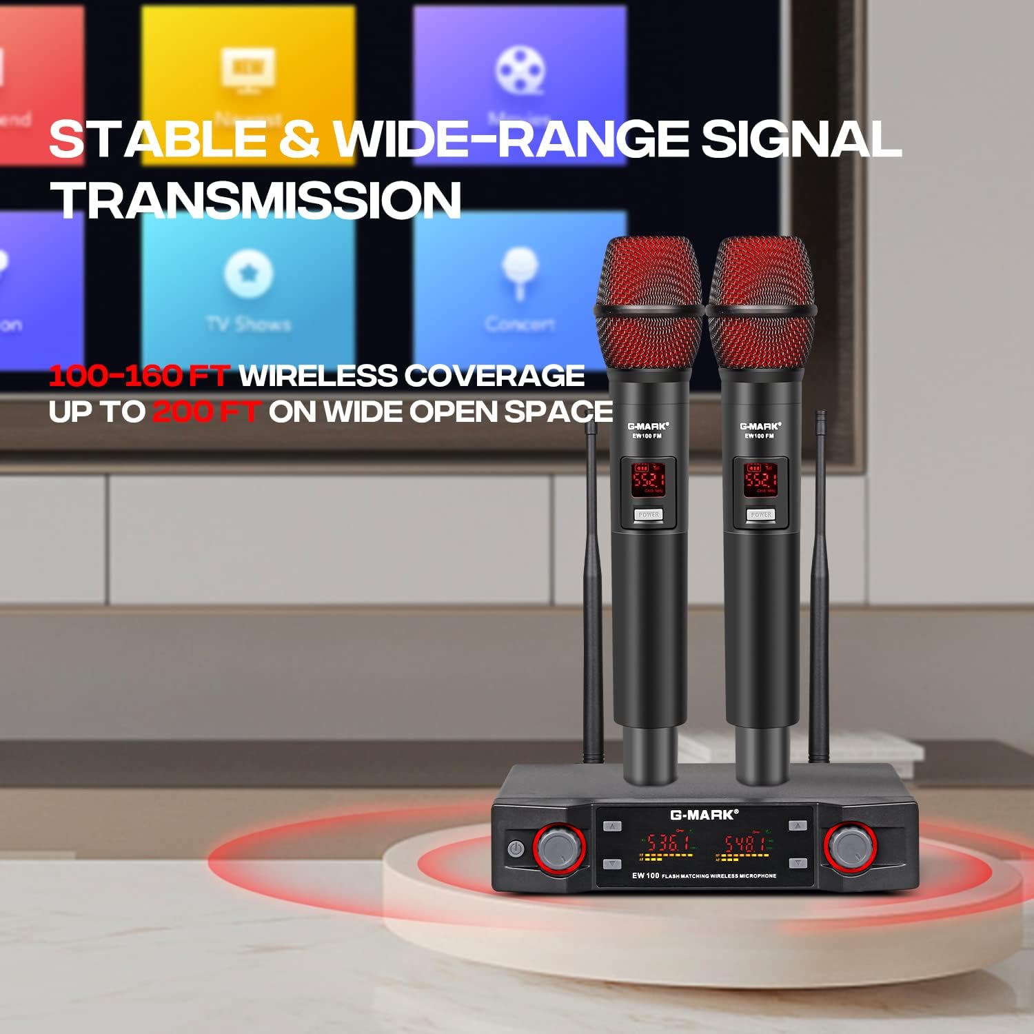 G-MARK Wireless Microphones, Professional Dual UHF Cordless Dynamic Mic Handheld Microphone System for Karaoke, Singing, Meeting, Party, Church, DJ, Wedding, Home KTV Set, 200ft(EW100)