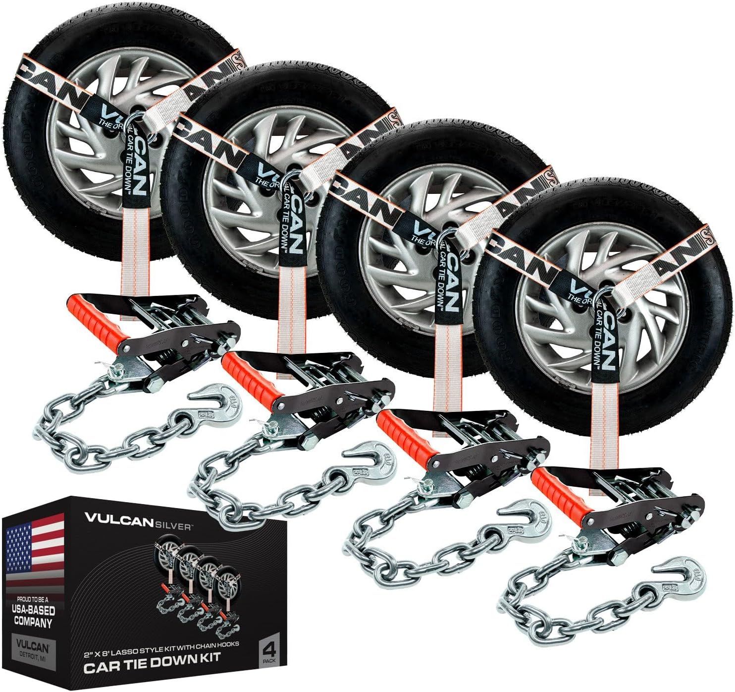 VULCAN Car Tie Down with Chain Anchors - Lasso Style - 2 Inch x 96 Inch - 4 Pack - Silver Series - 3,300 Pound Safe Working Load