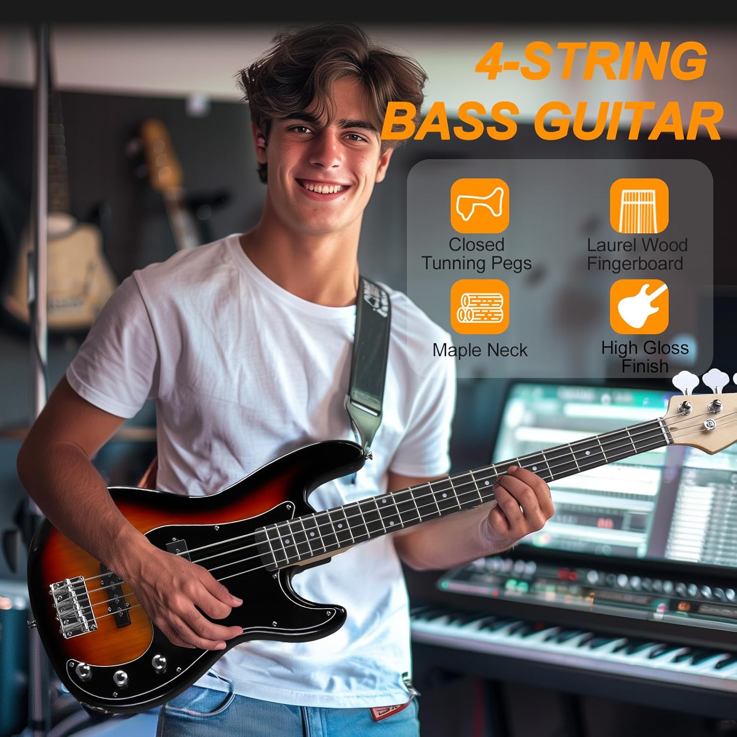 Ktaxon 4 String Bass Guitar, Bass Kit Full Size Guitar Starter Kit with 20W AMP, Portable Gip Bag, Premium Cable, Adjustable Guitar Strap, Picks and Wrench, Gift For Music Lover(Bass Set-Sunset)