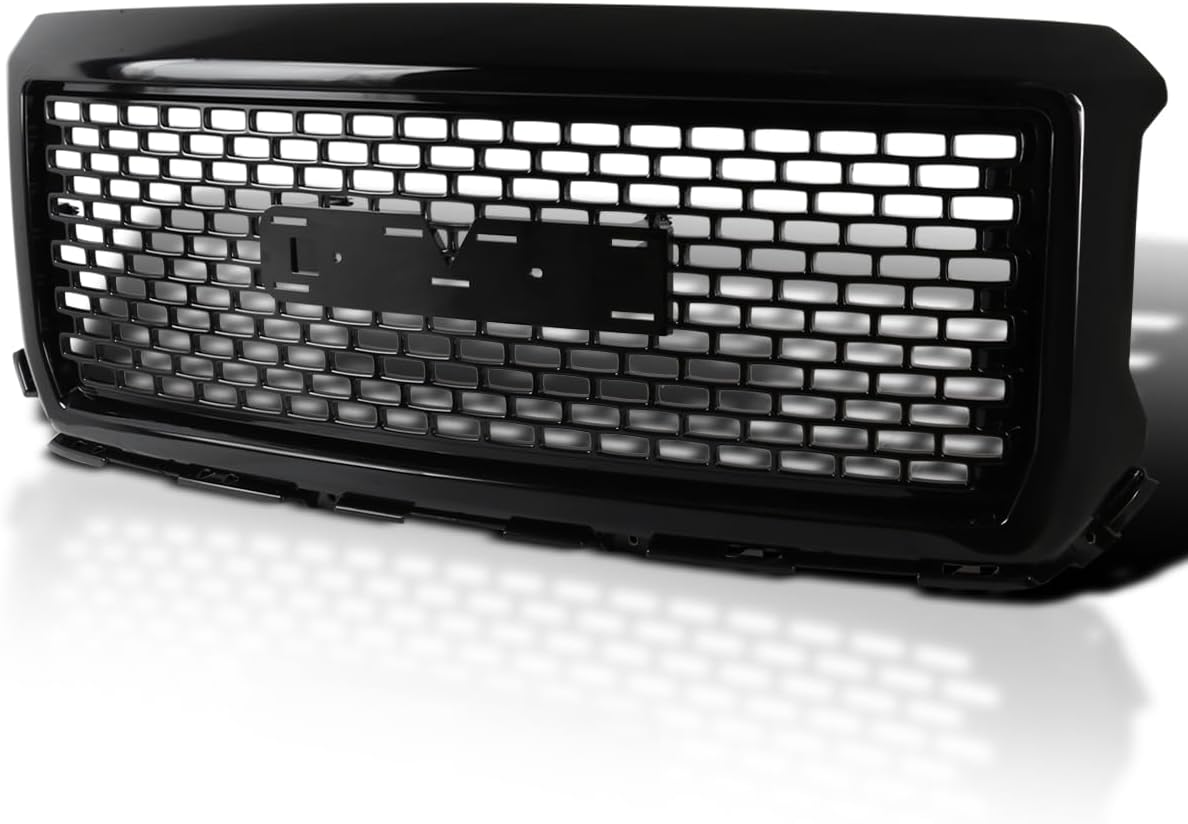 Spec-D Tuning Polished Black Denali Style Front Bumper Mesh Hood Grille Compatible with 2014-2015 GMC Sierra 1500