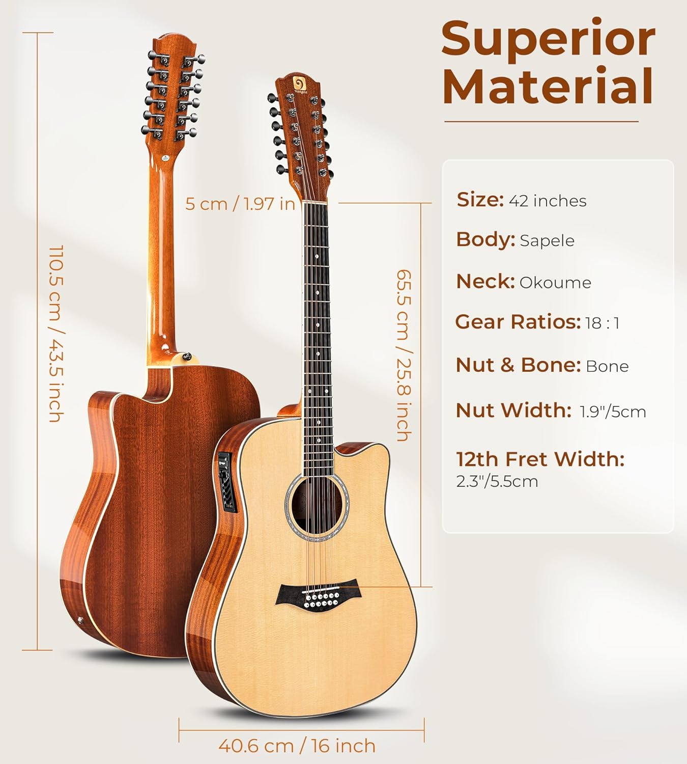 Vangoa 12 String Guitar, Acoustic Electric Guitar 12 Strings, Spruce Top, Sapele Body, Bone Nut, Natural, Gloss