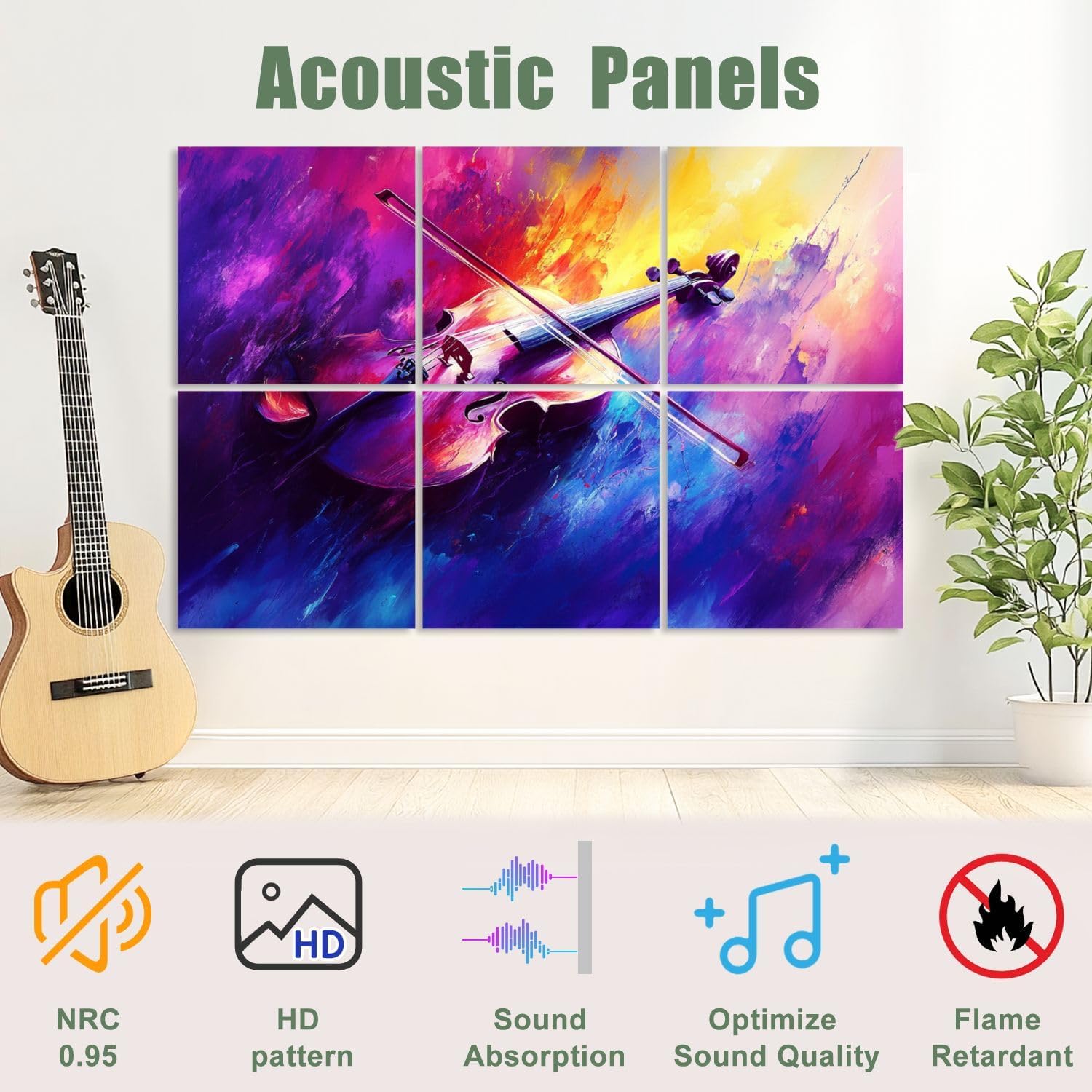 6 Pack Art Acoustic Panels Sound Absorbing Music Graffiti Cello Instrument Colorful Musical Violin Bow Abstract Decorative Soundproof Wall Panels Self Adhesive for Recording Studios Office 72