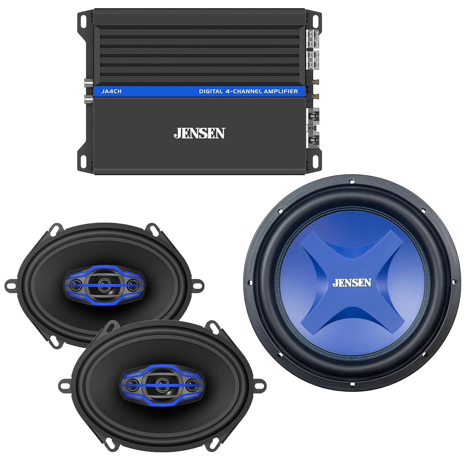 Jensen Class-D 4-Channel Amplifier with 4-Way 5x7 / 6x8 inch Car Audio Speakers Pair and 12-Inch Subwoofer Bundle