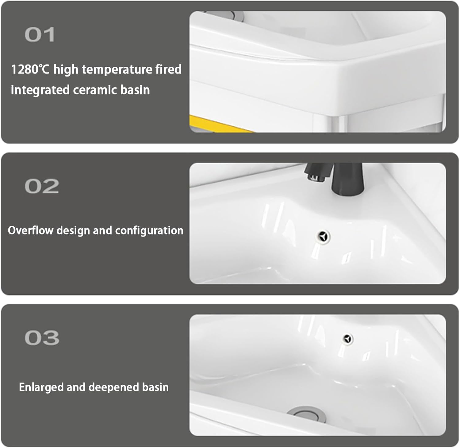 Corner Wall Mount Bathroom Sink, Corner Bathroom Vanity, Ceramic Vessel Sink with Towel Bar, Ceramic Corner Sink, Bathroom Vanity for Bathroom, Balcony, Guest Room(38cm/14.9in)