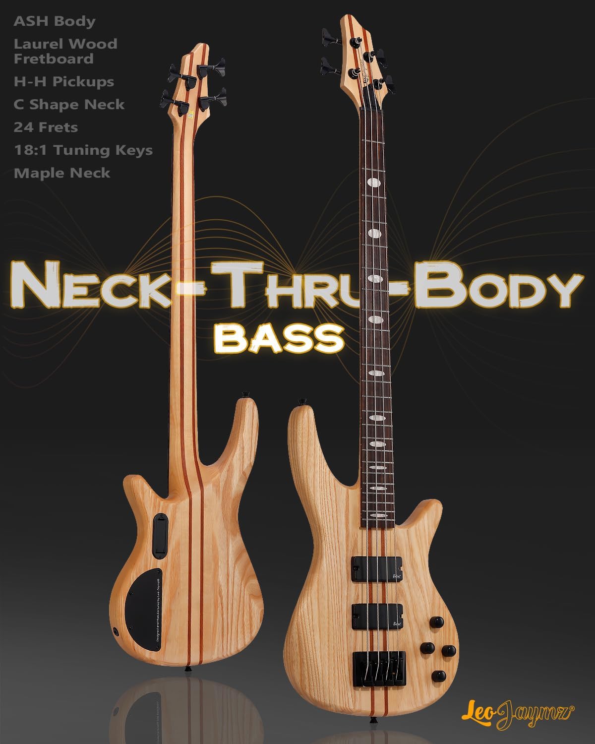 Leo Jaymz Solid Body 4-String Bass Guitar, Solid ASH Body with Maple and Sapele Neck, Laurel Fingerboard, Dual Humbucker Pickups, 34-Inch Scale, 24 Stainless Steel Frets for Studio & Live Performance