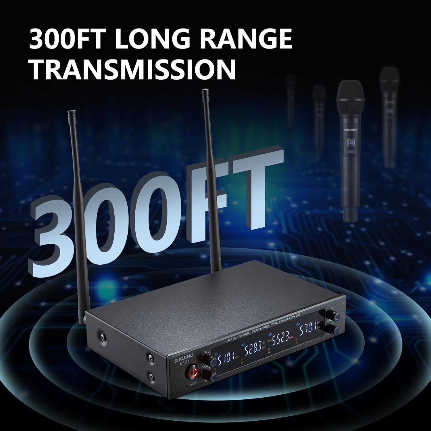 4 Channel UHF Wireless Microphone System with Cordless Handheld Mics, 4x50 Adjustable Frequencies, Ideal for Karaoke Meeting Church, 300ft Range (4 Handheld)