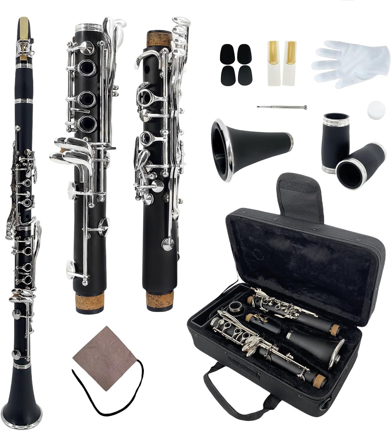 Professional Ebonite A Clarinet with Nickel-Plated Keys Rich Black Finish for Intermediate & Advanced Players Includes Padded Carry Bag, Reeds, Cork Grease & Clarinet Cleaning Kits(m1)