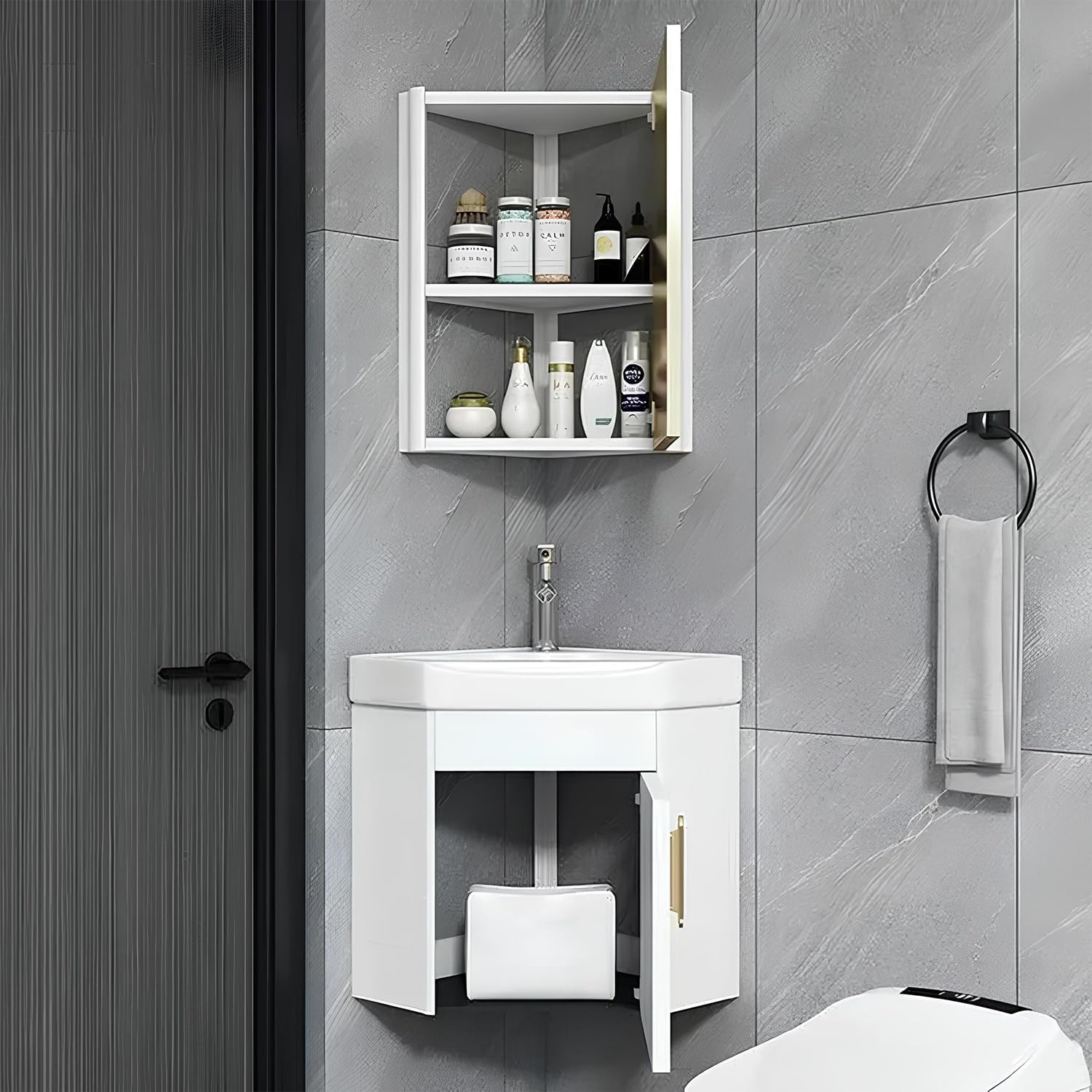 Generic Corner Bathroom Vanity Cabinet and Sink, Wall Mount Multifunctional Practical Ceramic Sink with Mirror Cabinet, Freestanding Vanity Sinks for Bathrooms, Laundry Room, Balcony, White