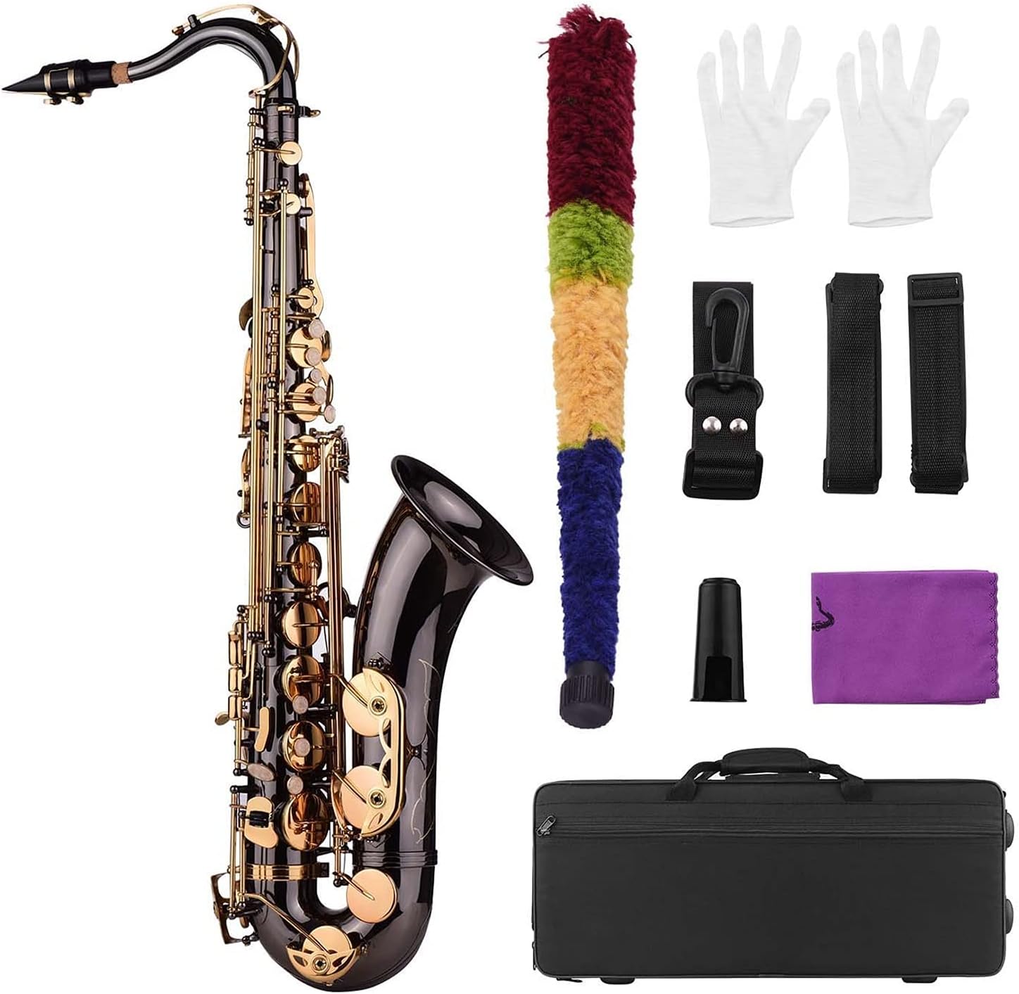 Saxophone Straight Bb Tenor Saxophone Sax Brass Body Black Nickle Plated Golden Keys Woodwind Instrument with Case Brush Sax Neck Straps