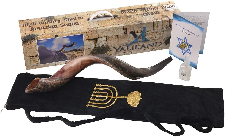 Authentic Kudu Shofar Horn Set by Yaliland | Yemenite Style Half Polished, Half Natural | Includes Velvet Bag, Cleaning Spray, Guide & Carrying Box (26-28 Inch)