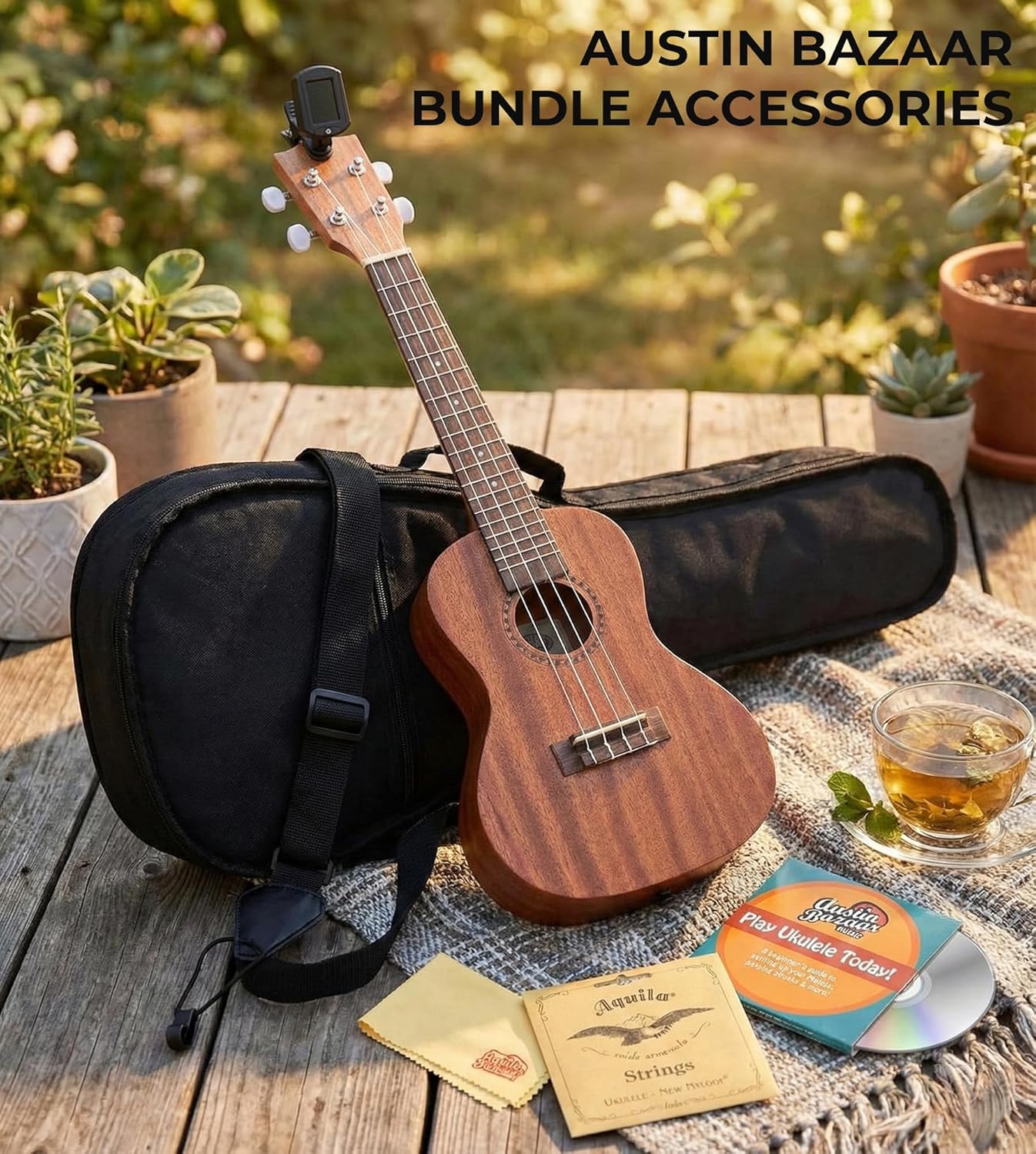 Kala KA-15C Satin Mahogany Concert Ukulele Bundle with Gig Bag, Tuner, Strap, Strings, Austin Bazaar Instructional DVD, and Polishing Cloth