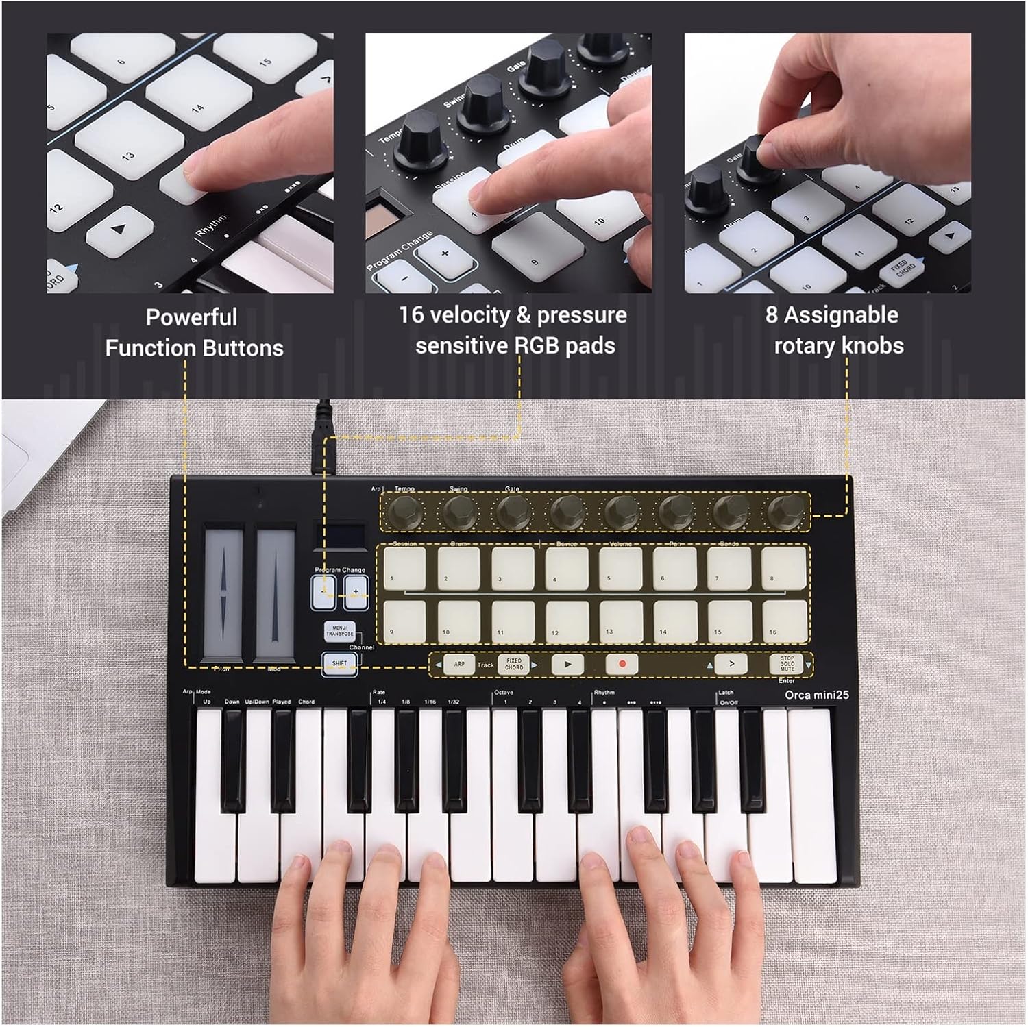 Keyboard Piano Portable 25-Key USB MIDI Keyboard Controller with 16 RGB Backlit Trigger Pads 8 Assignable Control Knobs