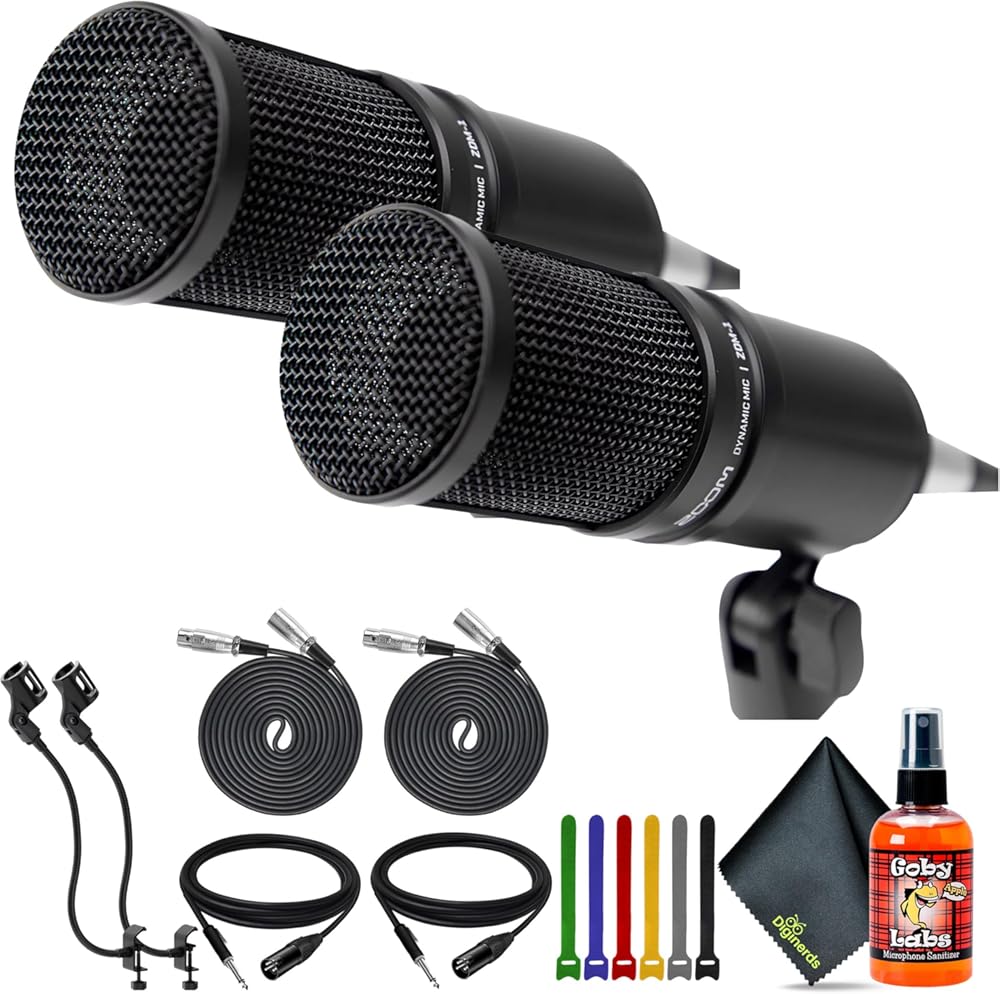 Zoom 2X ZDM-1 Dynamic Podcasting Microphone + 2X 8-inch Flexible Desktop Microphone Stand + 2X XLR to XLR 3M Balanced Interconnect Cable + Goby Labs Sanitizer Spray for Microphones + More