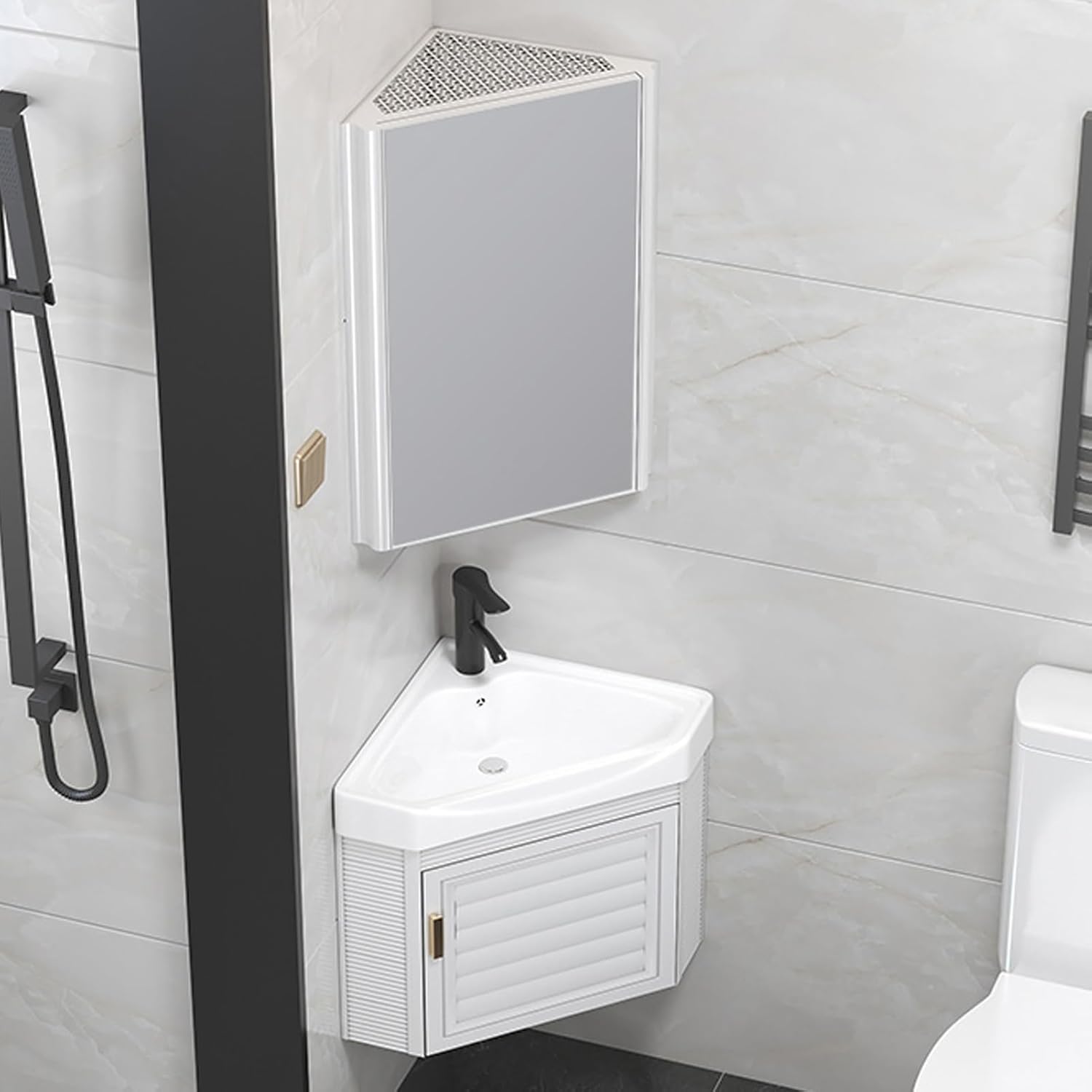 Corner Bathroom Sink Cabinets, Corner Wall Mount Bathroom Sink, Mount Bathroom Sink, Bathroom Storage Cabinet with Mirror Cabinet and Ceramic Sink, for Kitchen Bathroom Lavatory(White,47cm/18.5