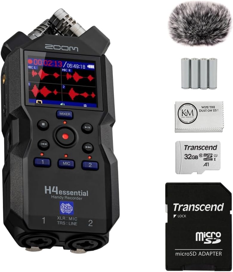 Zoom H4essential 4-Track 32-Bit Float Portable Audio Recorder Bundled with 32GB Micro SD Card + Furry Wind Screen + AA Batteries | 4 Pack + Cleaning Cloth (5 Items)