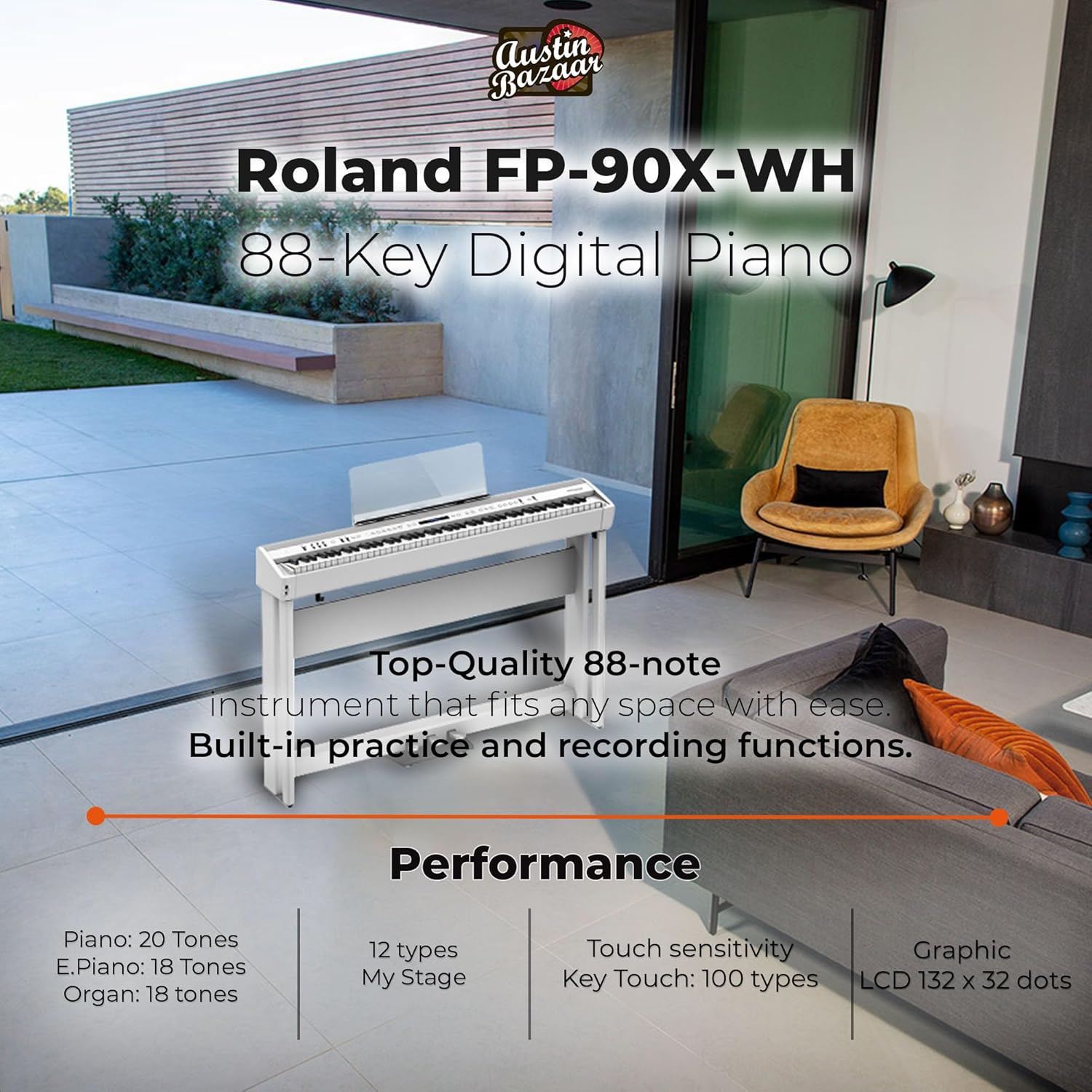 Roland FP-90X 88-Key Digital Piano - White Bundle with KSC-90 Stand, Three Pedal Unit, Bench, Online Lessons, Instructional DVD, and Austin Bazaar Polishing Cloth