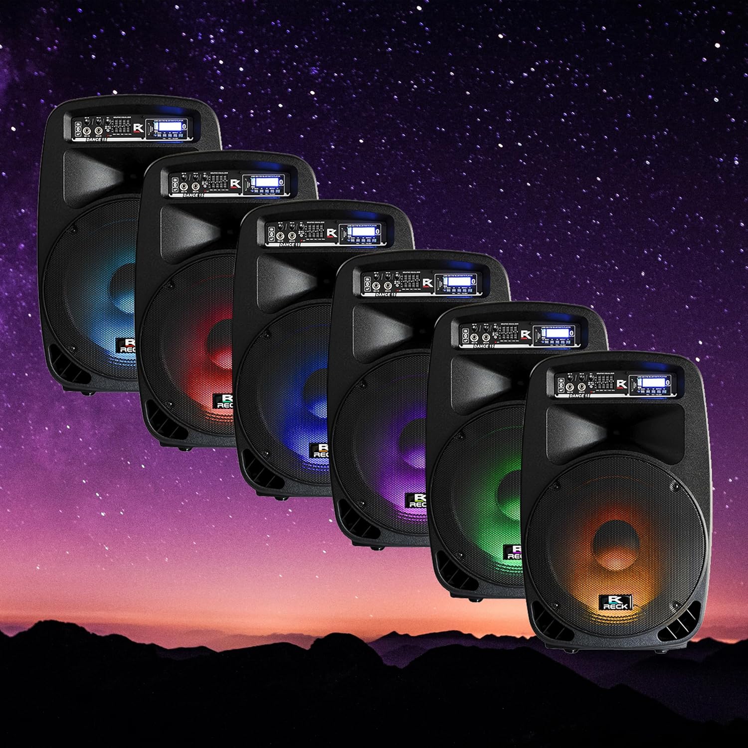 Proreck Dance 15 Portable 15-Inch 2000 Watt 2-Way Powered PA Speaker System Combo Set with Bluetooth/USB/SD Card Reader/FM Radio/Remote Control/LED Light