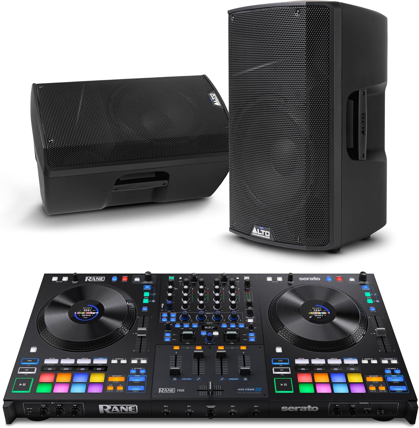 Rane FOUR DJ Controller and ALTO TX412B Powered PA Speakers Pair for Live Music, DJ sets, Events, Music production