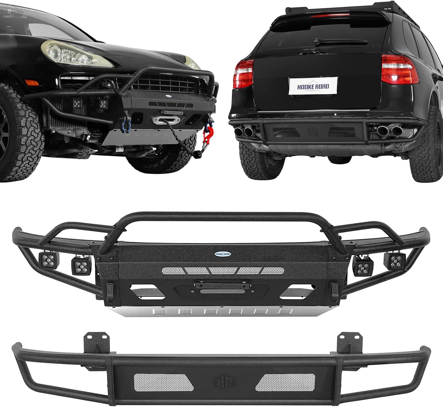 Hooke Road Cayenne 957 Front and Rear Bumper Kit w/Bull Bar for 2008 2009 2010 Porsche Cayenne 957, Heavy-Duty Steel Tube Bumpers with Winch Plate, LED Lights, D-ring Mounts
