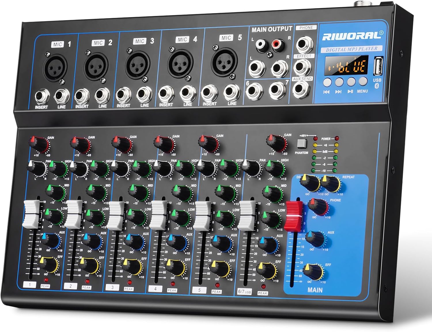 7 Channel Audio Interface USB Audio Mixer Sound Board Mixing Console Built In Bluetooth MP3 Computer Input +48V Phantom Power Mixer Audio For Karaoke Dj Stage Streaming Studio