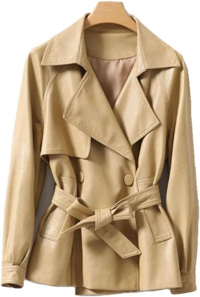 Women's Spring Lapel Pu Leather Bomber Jacket, Long Sleeves, Elastic Hem Leather Jacket