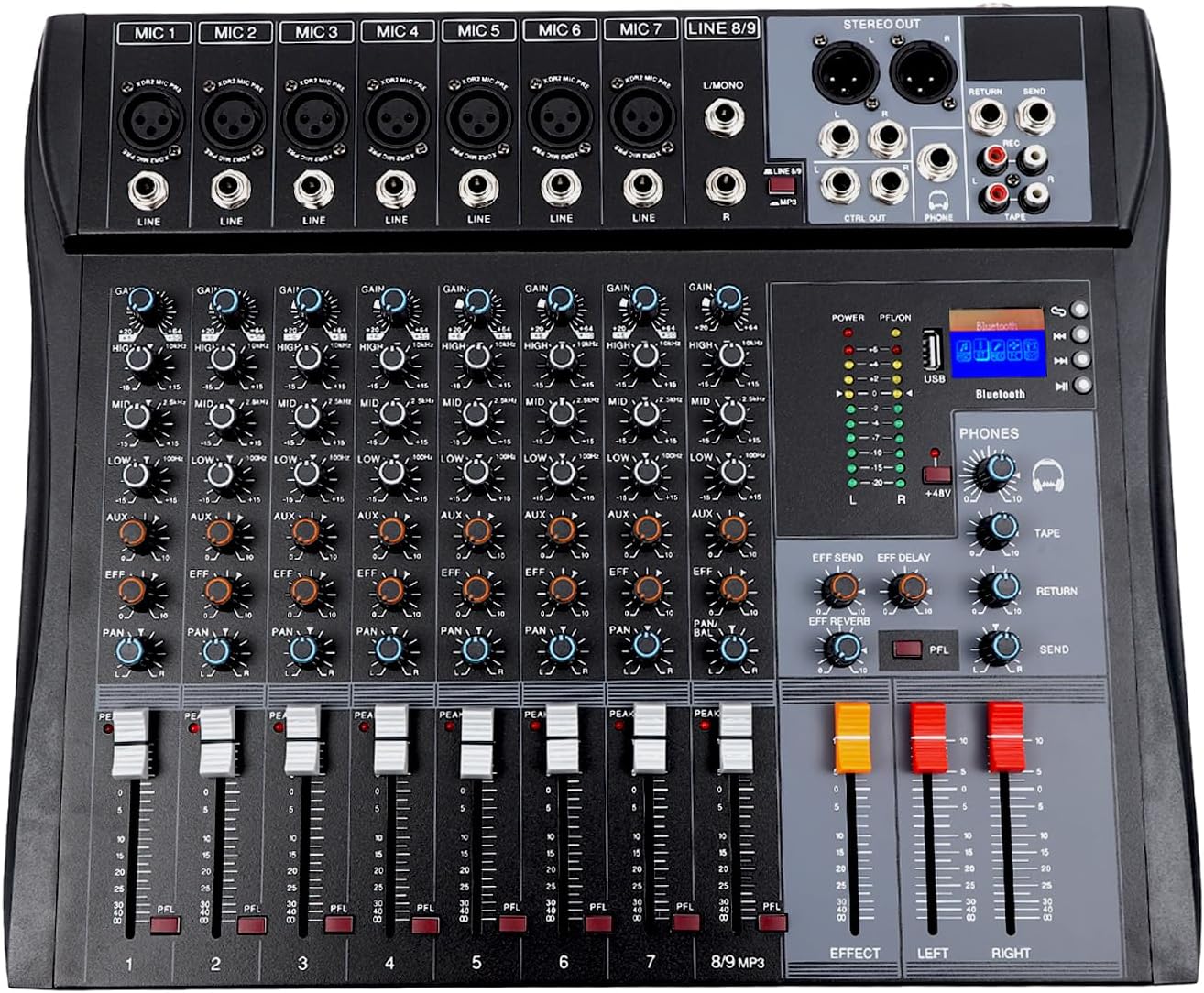 Professional Audio Mixer, 8-Channel Bluetooth Studio Audio Mixer DJ Sound Controller Interface with Bluetooth USB, Recording Studio Equipment Sound Mixing Console for Karaoke Wedding Party