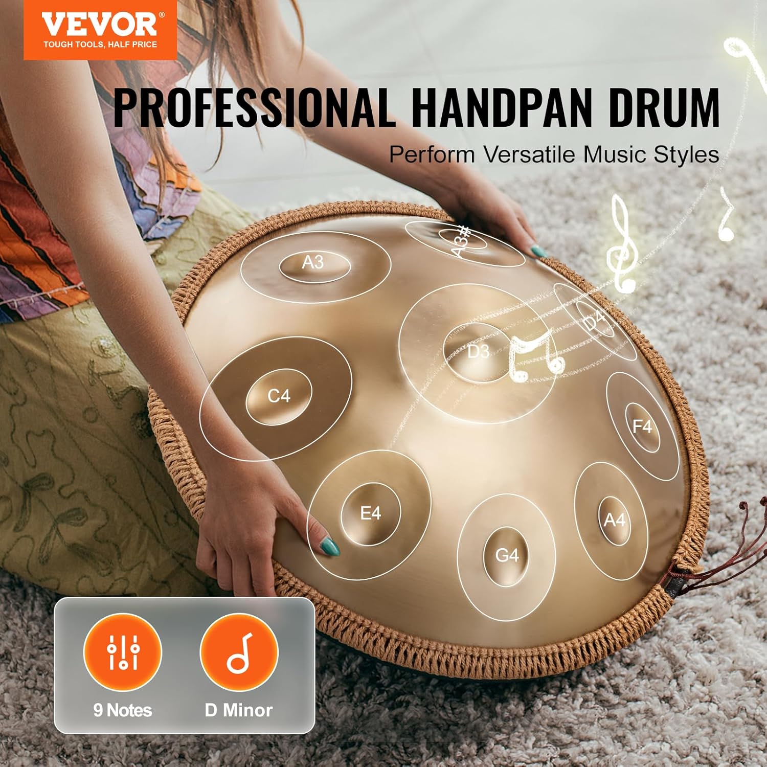VEVOR Golden-9 22 in & 9 Notes, D Minor, Hand Pan Mallets, 440Hz Handpan Stand & Carry Bag, Steel Healing Sound Drum, Percussion Instruments for Adults Beginners Tone