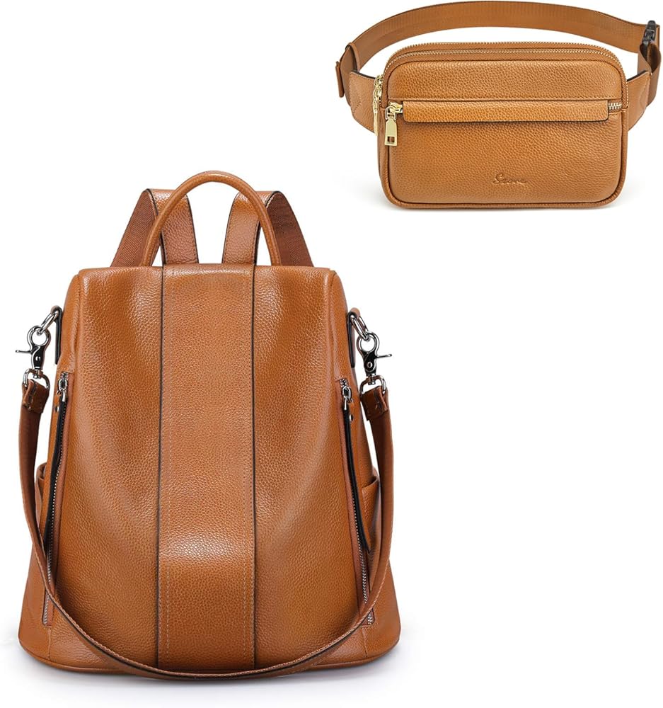 S-ZONE Genuine Leather Backpack Purse Bundle with RFID Blocking Fanny Packs Belt Bag