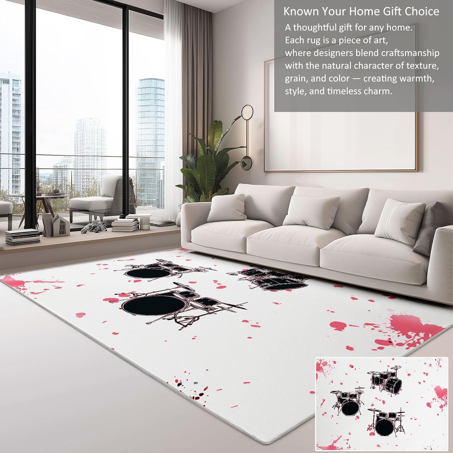 White Machine Washable Area Rug, Musical Instrument Drum Pattern Soft Area Rug - Non Slip Stain Resistant Low Pile Carpet with Non Slip Backing 5 x 6 ft for Living Room Bedroom Playroom