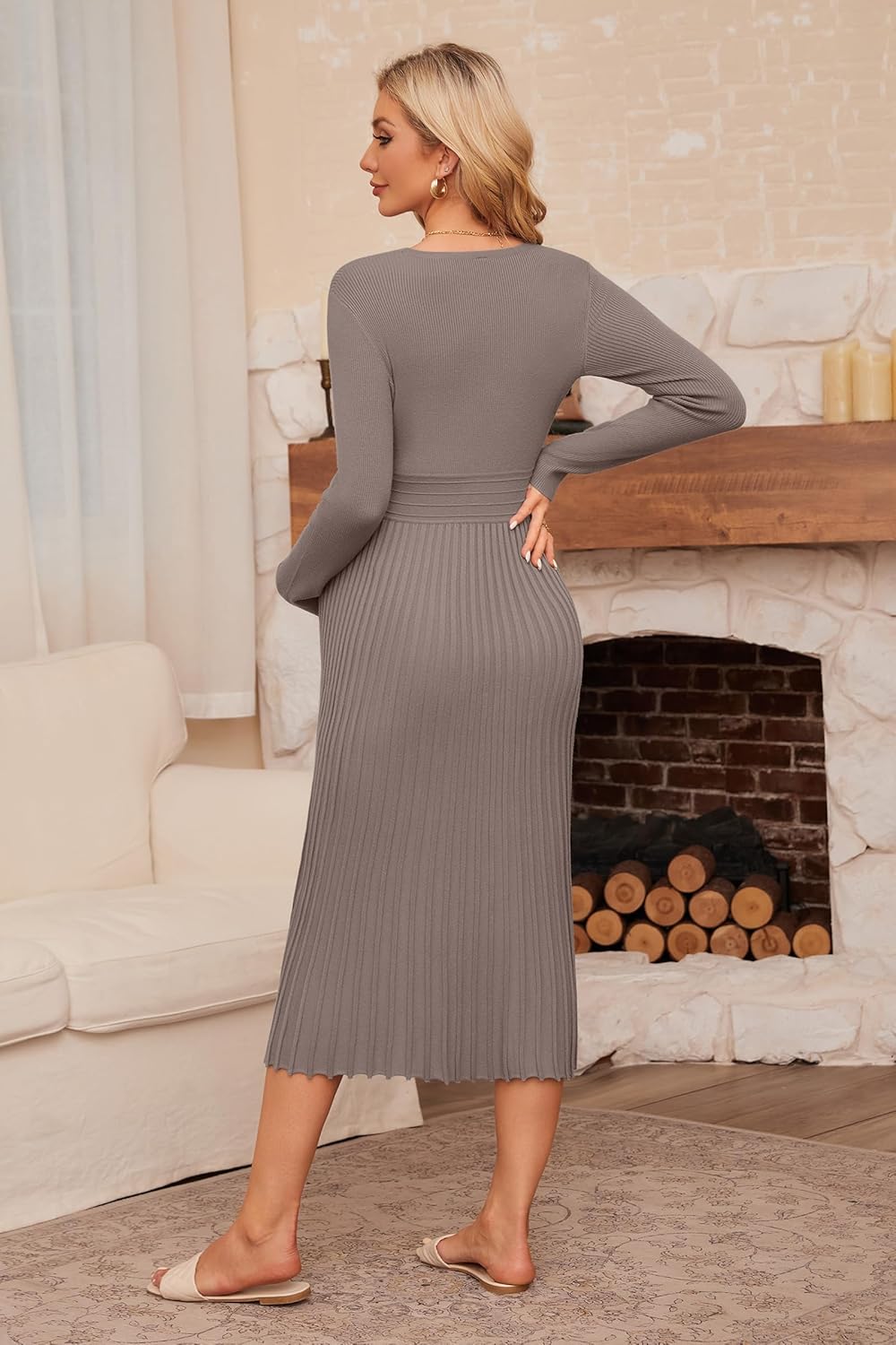 OUGES Women's Fall Maternity Dress for Photoshoot Long Sleeve Wrap V Neck Pleated Baby Shower Sweater Midi Dresses 2026