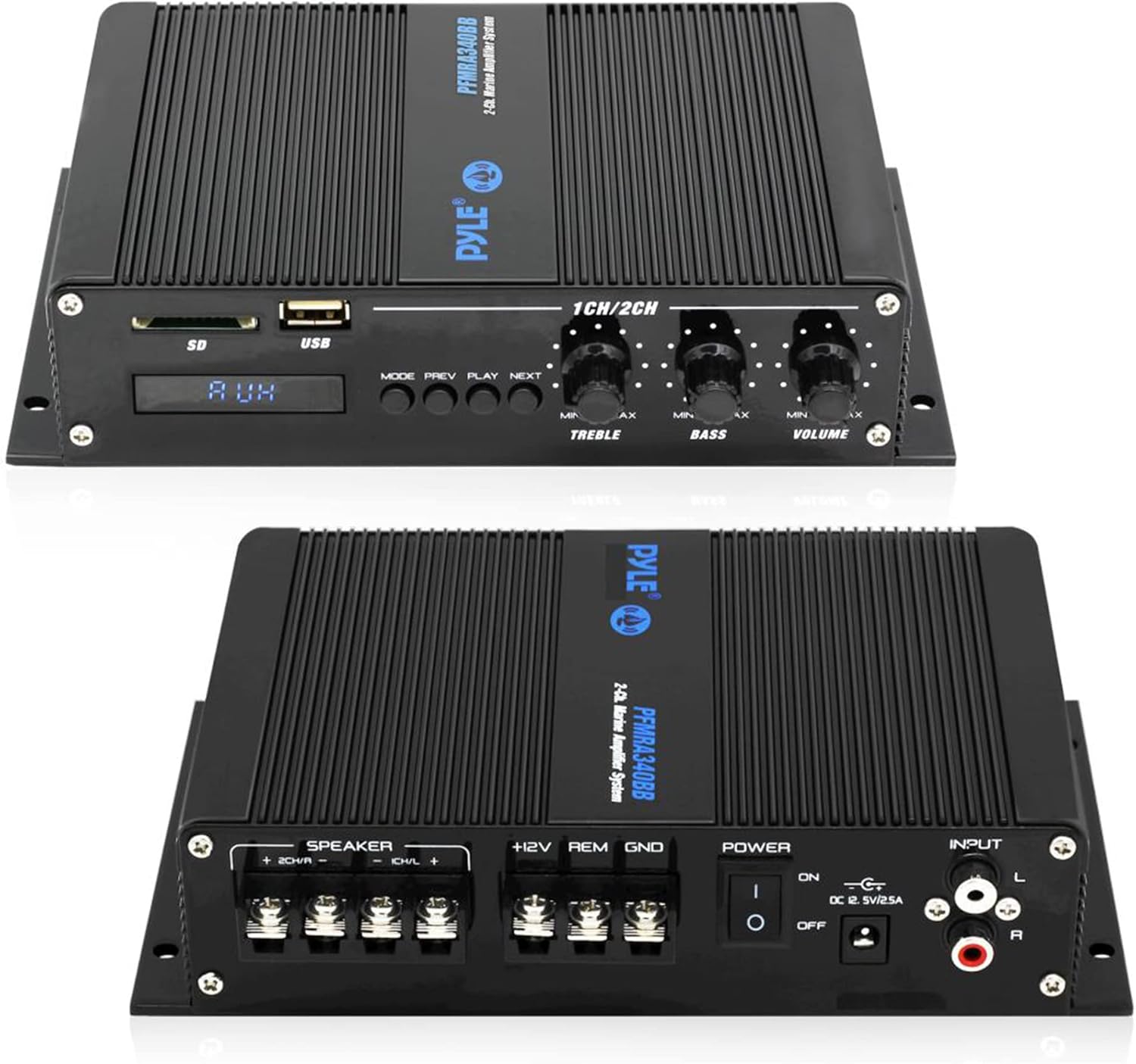 Pyle 2-Channel Bluetooth Audio Marine Amplifier-200 Watt Power Compact Weather Resistant Audio Amp Wireless Receiver System w/MP3,USB,SD Reader,LCD Digital Screen-Pyle(PFMRA340BB.5)