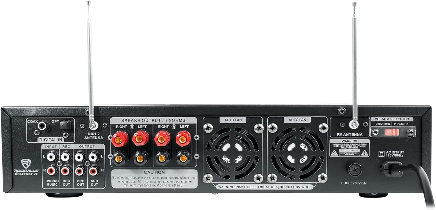 Rockville RPA70WBT V2 Bundle: 1000W Bluetooth Karaoke Amplifier/Mixer with Wireless Mics, (2) Pairs HC655 6.5 in in-Ceiling Speakers 250W Peak/80W RMS Each, Dual RCA & 3.5mm TRS Cables, 5-Items