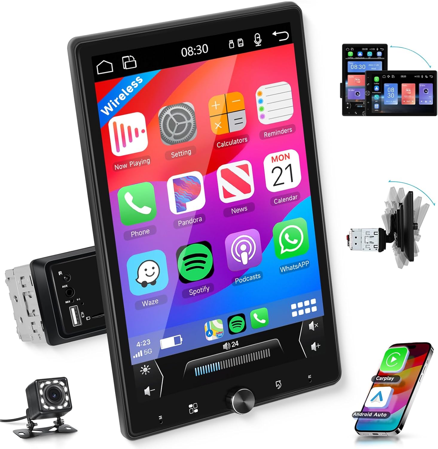 10.4“ Wireless CarPlay Stereo Single Din Car Radio,2025 Upgraded Rotatable HD IPS Touch Screen,Wireless Android Auto Car Play Screen Bluetooth RDS/FM EQ SWC USB/TF Backup Camera