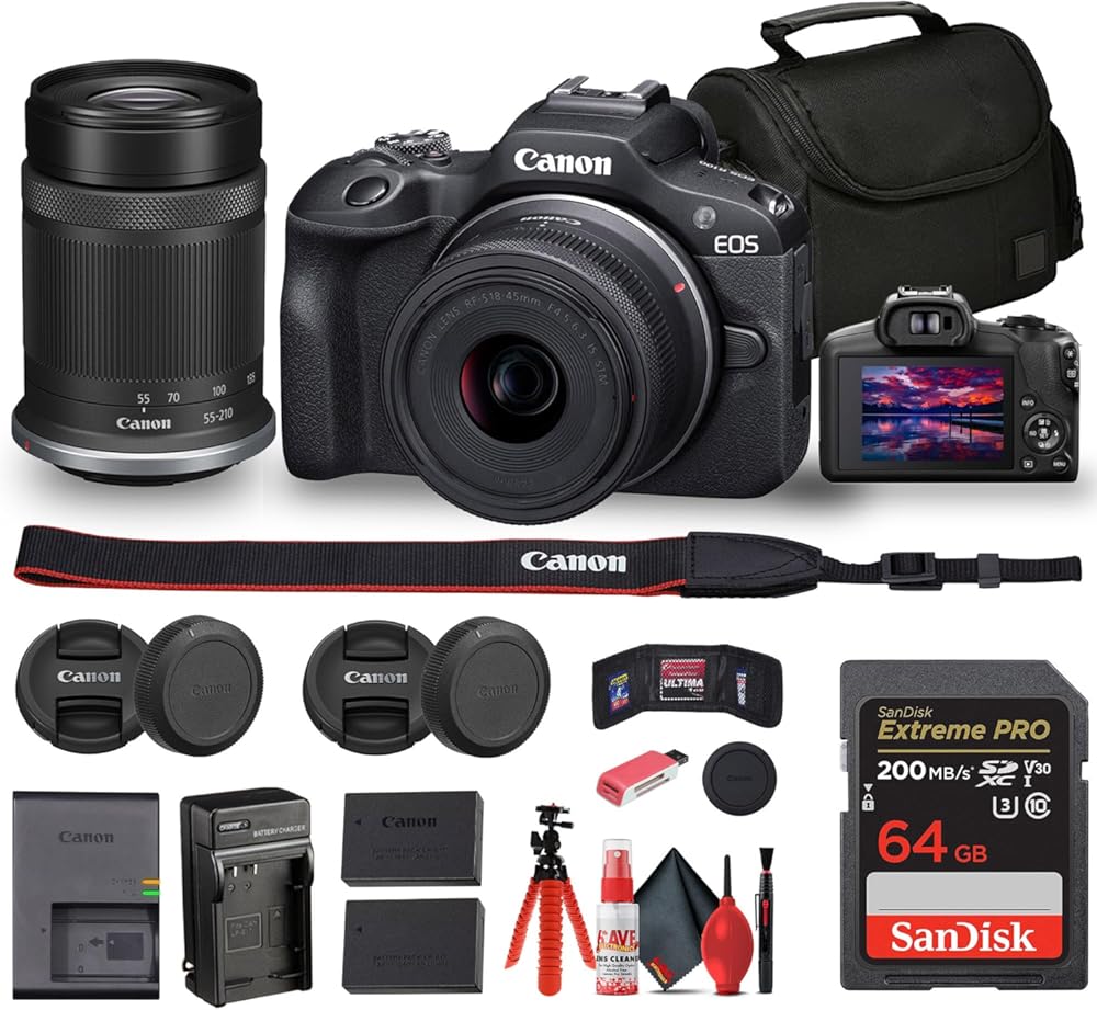 Canon EOS R100 Mirrorless Camera with 18-45mm and 55-210mm Lenses Kit (6052C022) + Bag + 64GB Card + LPE17 Battery + Charger + Card Reader + Flex Tripod + Cleaning Kit + Memory Wallet (Renewed)