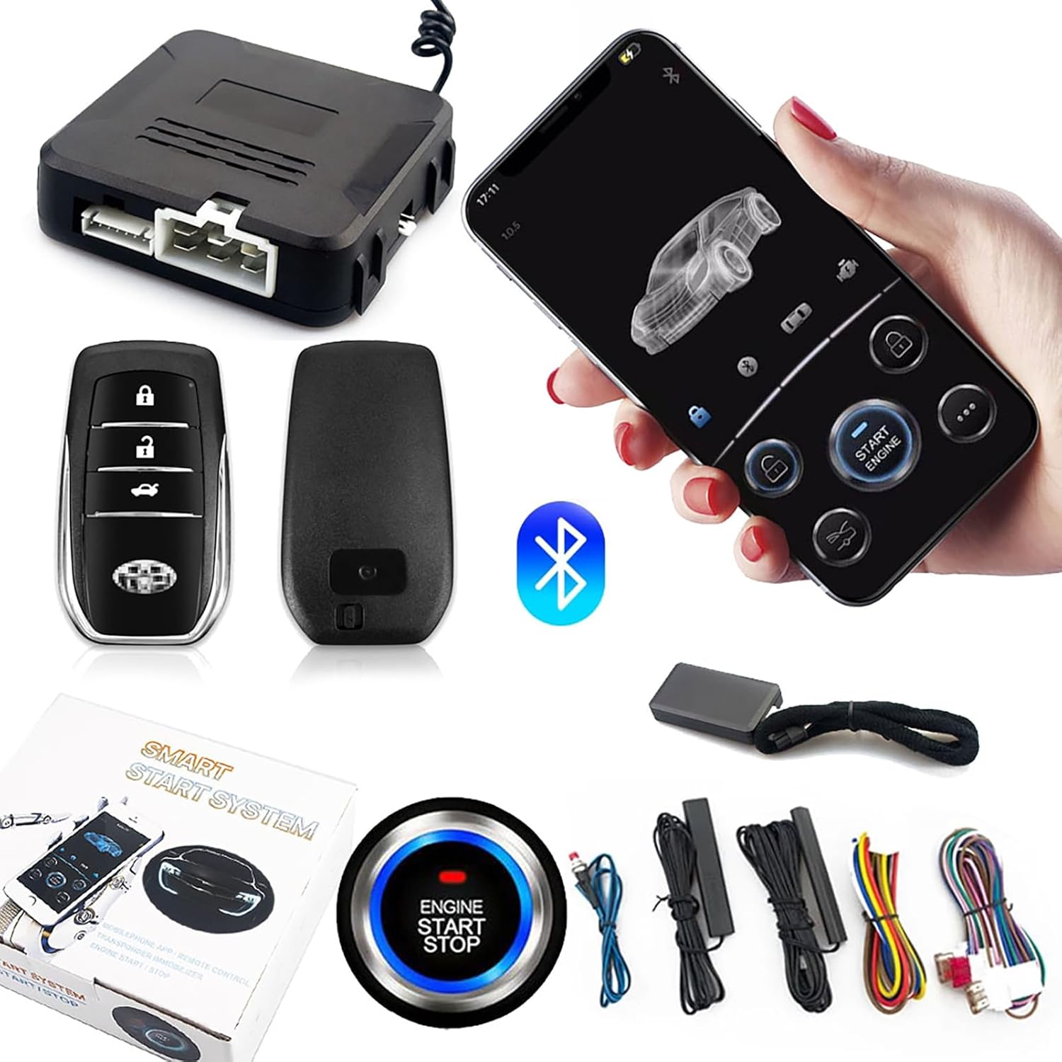 CHADWICK Car Remote Start Stop Kit, 12V One-Key Engine Start Anti-Theft System, PKE Passive Keyless Entry with Push Button, Bluetooth Mobile Phone APP Control, Professional Installation Needed