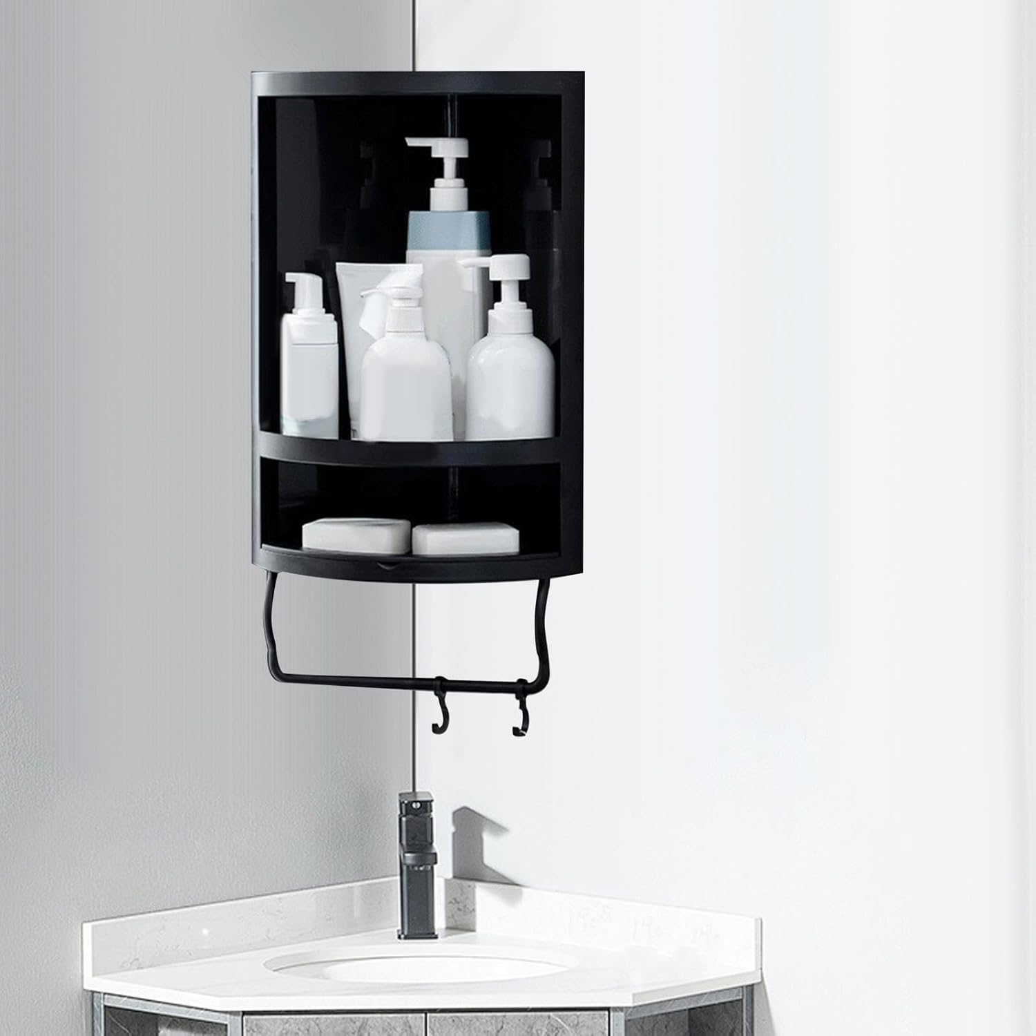 Corner Shower Rack Wall Mount Float Shelves Easy to Install Shower Corner Stand Float Shelves Storage for Toilet Hotels, White(Black)