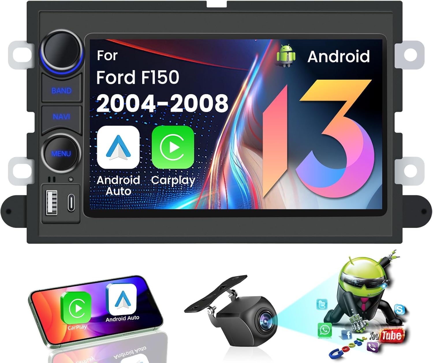 Car Radio for Ford F150 2004-2008 – 7” Knob Screen Car Stereo Replacement, Wireless CarPlay & Android Auto, Android System, 5G WiFi, GPS, FM, SWC, Free Backup Camera, OTA Online Upgrade