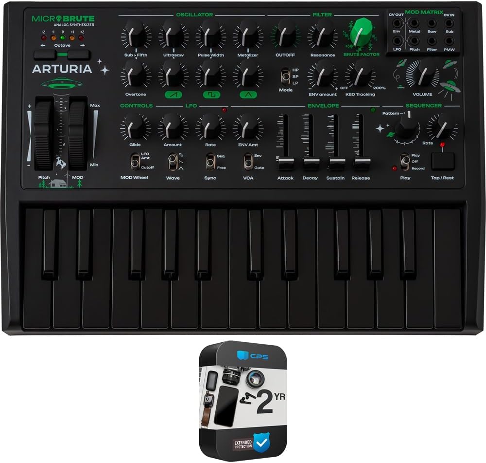 Arturia 540102 MicroBrute UFO Analog Synthesizer White Bundle with 2 YR CPS Enhanced Protection Pack