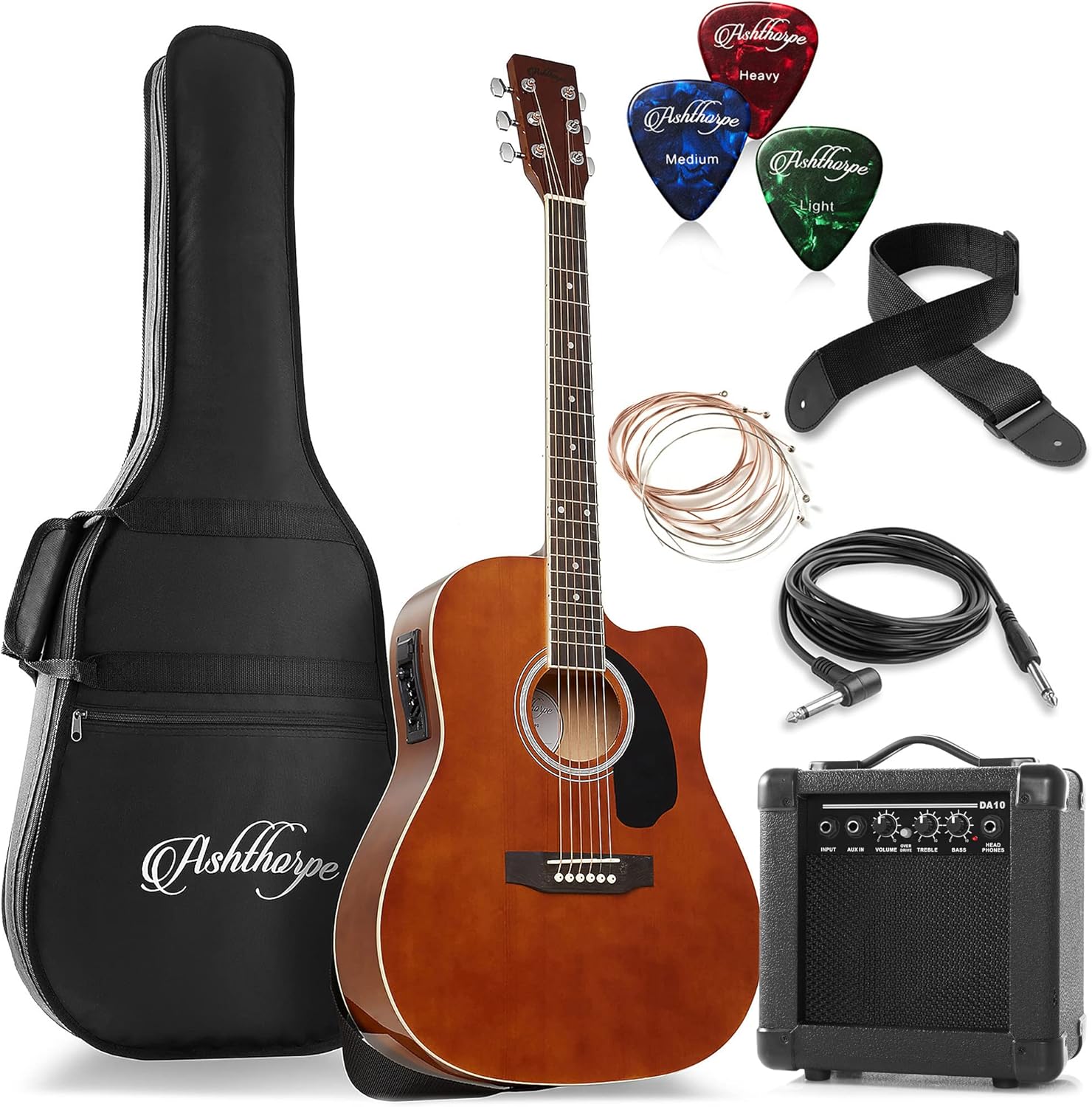 Ashthorpe Full-Size Dreadnought Cutaway Acoustic Electric Guitar Package with 10 Watt Amp - Brown