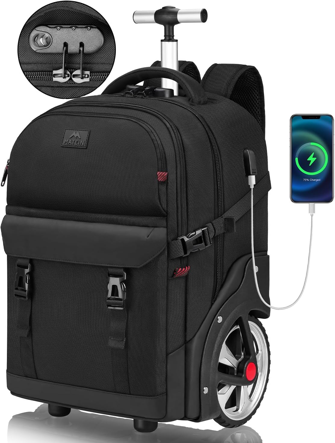 MATEIN Rolling Backpack for Men with Wheels, 17 Inch Large Wheeled Backpack with USB Charging Port & Combination Lock, Water Resistant Anti Theft Travel Laptop Backpack for Adults Work Business, Black