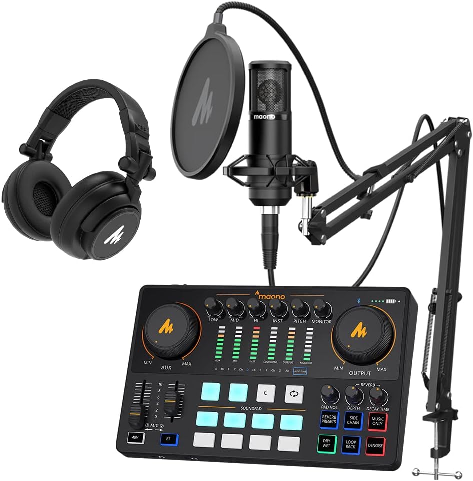 Audio Interface with XLR Condenser Microphone and Studio Microphone-Podcast Equipment-MAONO-MaonoCaster-All in One - with premium mic preamp for Podcast Recording, Streaming, Youtube, PC, Smartphone