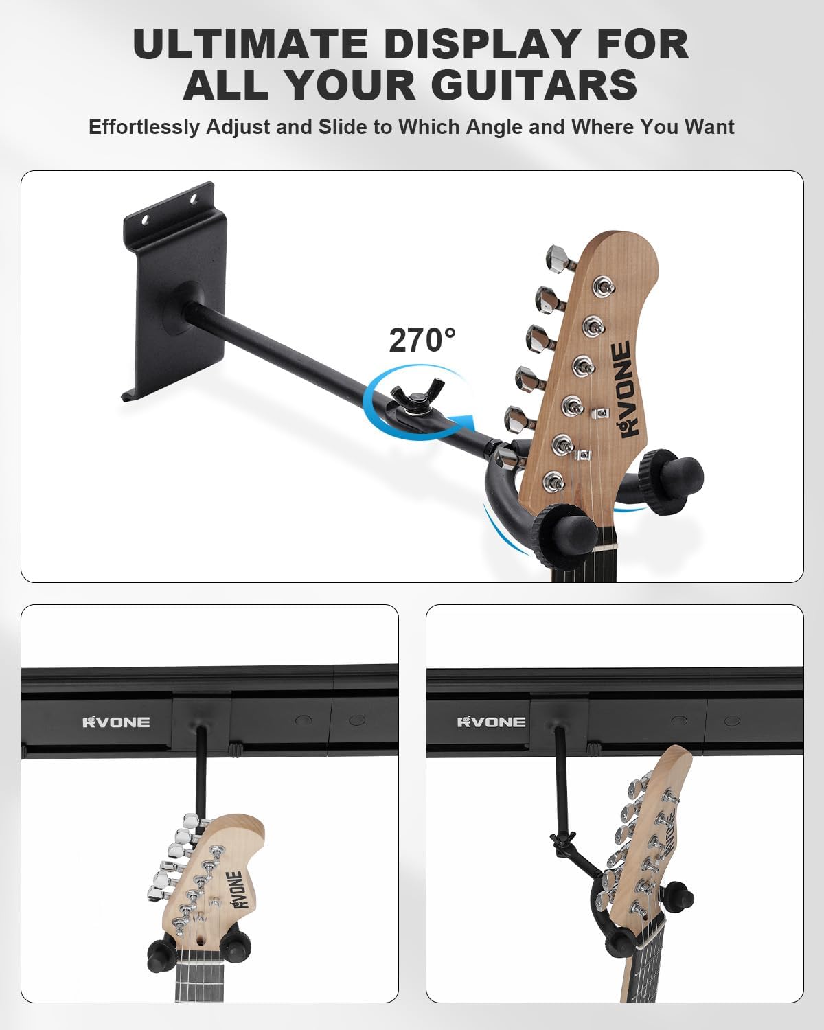 Guitar Wall Mount Hagers for Multiple Guitars, Adjustable Rubber Cradles Guitar Wall Rack, Fixed Clips, Strong Aluminum Acoustic & Electric Guitars Rack, Bass Holder, Violin Ukulele Organizer
