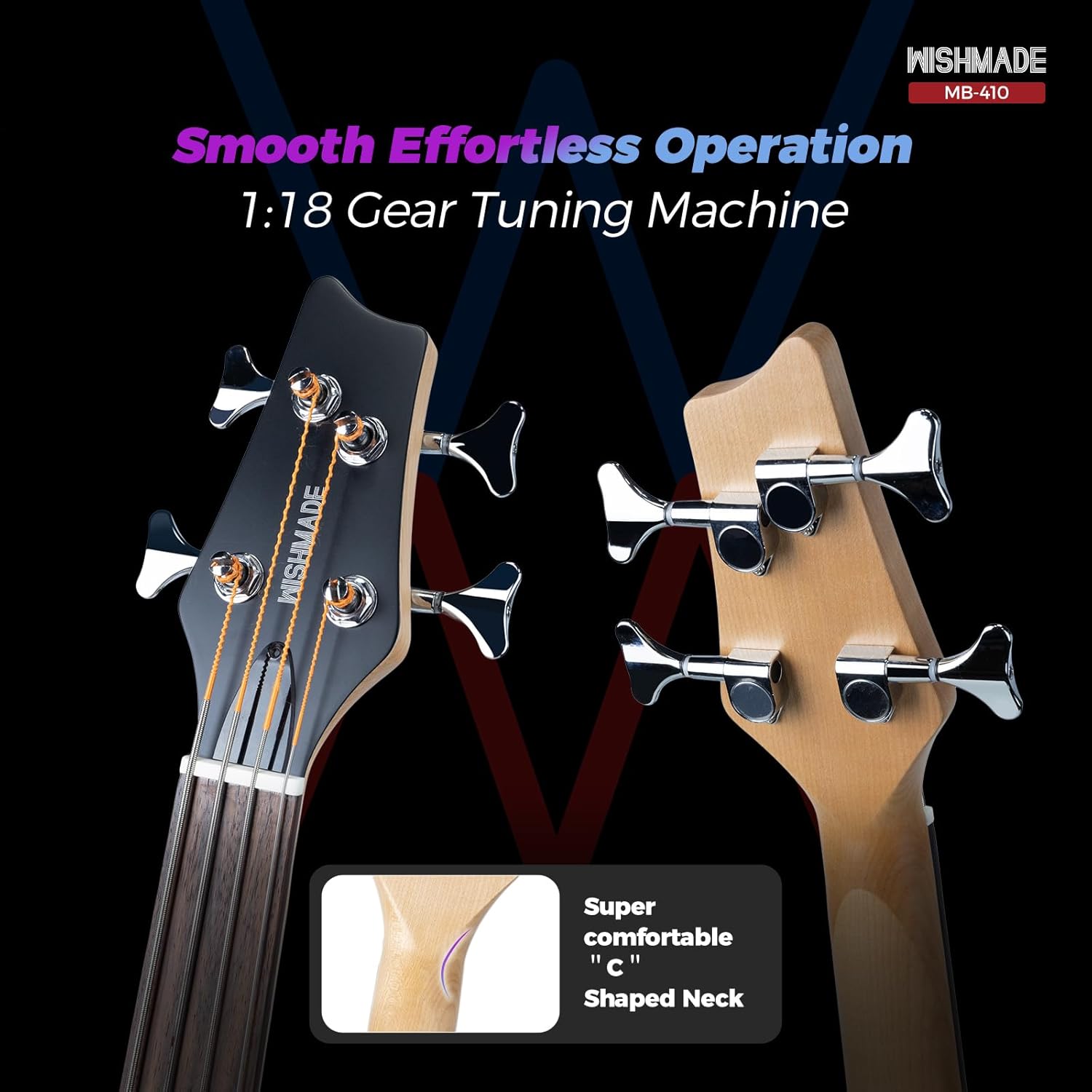 WishMade Electric Bass Guitar Fretless Mini Bass Guitar,Portable Small Size Guitar with Gigbag,Maple Neck,HH.(4 String Natural)