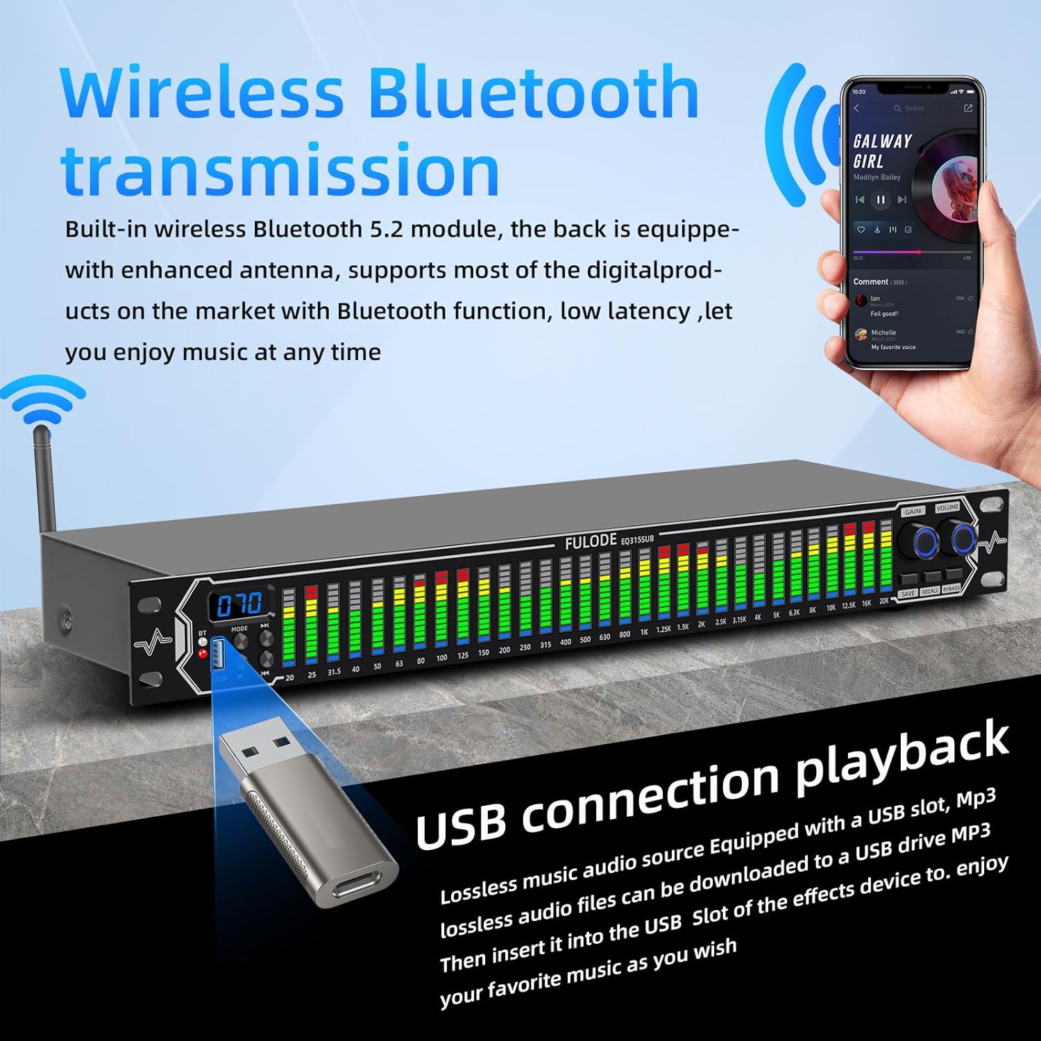 Home Audio Equalizer, Professional 31-Band Digital Equalizer,Noise Reduction Rack Mount Audio Spectrum Analyzer,Stereo graphic equalizer Real-time frequency level display