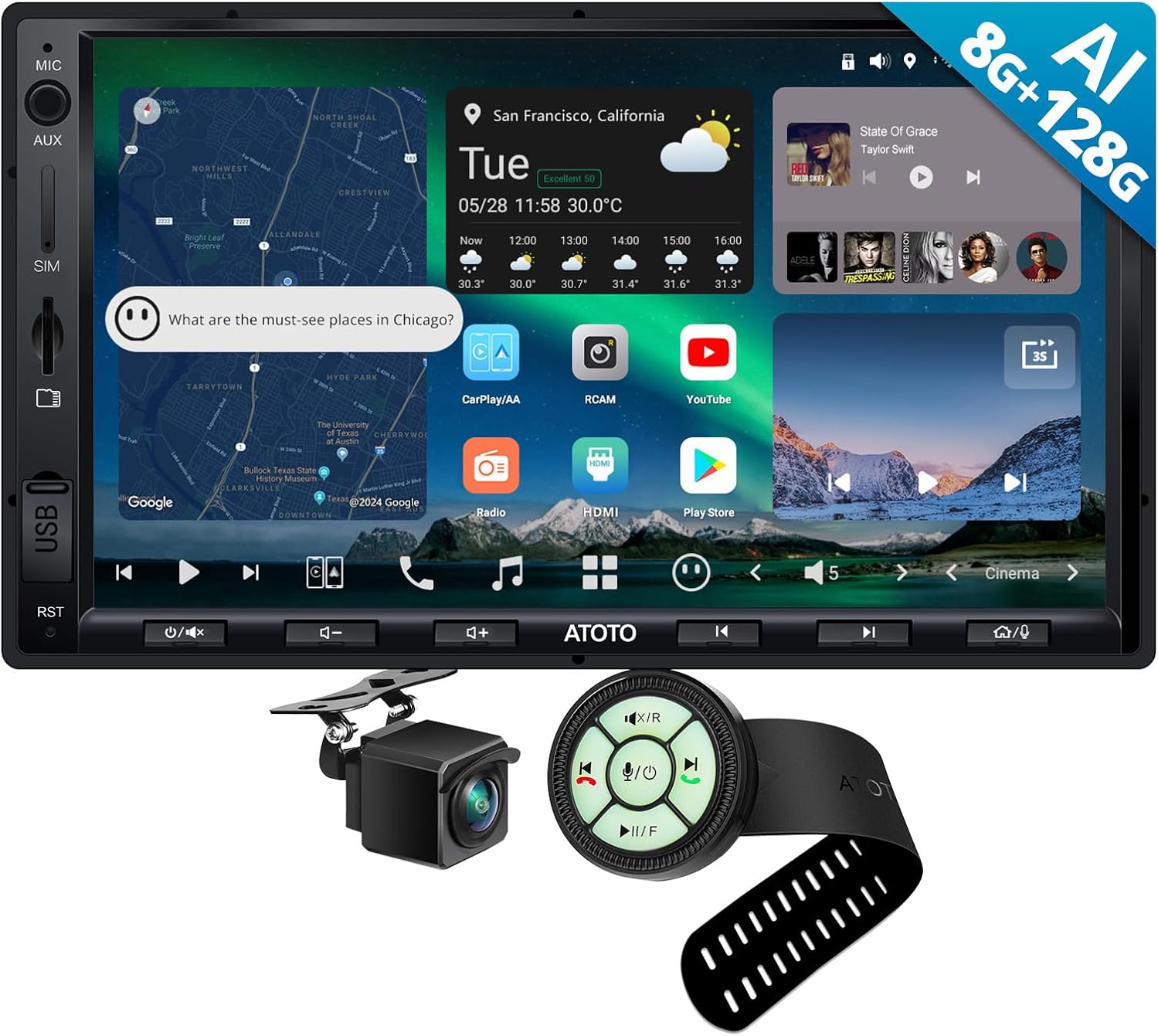 AC-44F60 Watchband Style Multifunctional Wireless Remote,for X10G2A7E-R2,7inch AI Android in-Dash Navigation, 8G+128G Audio Double Din Car Stereo, 4G LTE, Wireless CPAA,with Backup Cam